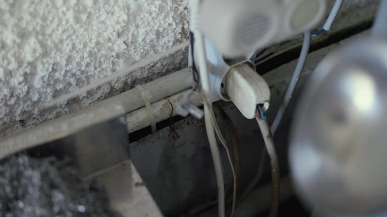 Old dirty outlet sockets in abandoned place with tangled cables, electrical power supply with high voltage, extension cord on the house wall for plugging household appliances