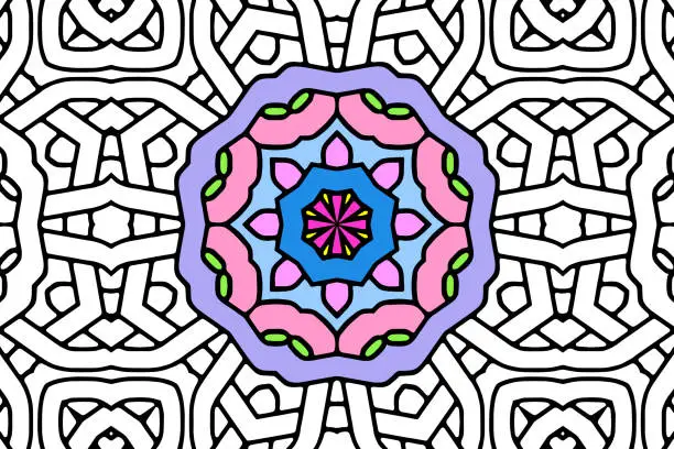 Vector illustration of Coloring book for children and adults, handmade, doodling, zentangle, anti-stress. Black and white floral linear drawing. A unique template in the ethnic style of the East, Asia, India, Mexico, Aztec.