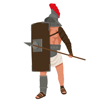 Ancient roman gladiator. People in armor. Warrior with weapon. Fighting and standing pose, 2D game asset. Sparta coliseum fight character