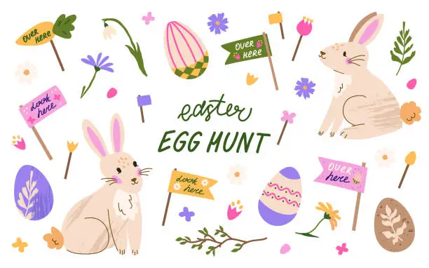 Vector illustration of Cute Easter Egg Hunt vector set. Spring collection of bunnies,  eggs, flags and signs. For print, decoration, scrapbooking, stickers