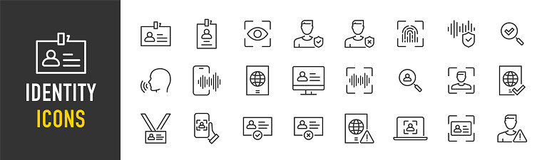 Identity web icons in line style. Verification, document, id card, fingerprint, identification, passport, collection. Vector illustration.