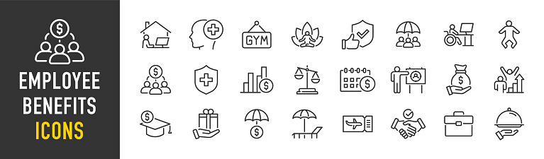 Employee benefits web icons in line style. Health insurance, bonus, social security, maternity rest, paid vacation, collection. Vector illustration.
