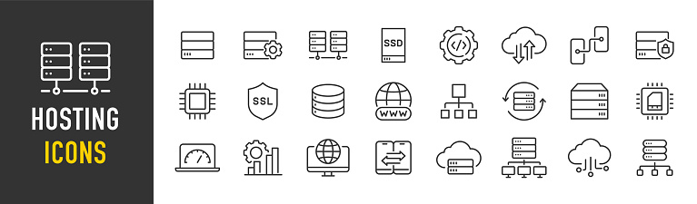 Hosting web icons in line style. Backup, hosting, transfert, domain, data, cloud service, website. Vector illustration.