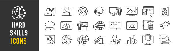 Hard skills web icons in line style. Accounting, coaching, data mining, cloud computing, copywriting, career progress, software, cyber security, artificial intelligence. Vector illustration. Hard skills web icons in line style. Accounting, coaching, data mining, cloud computing, copywriting, career progress, software, cyber security, artificial intelligence. Vector illustration. environment computer cloud leadership stock illustrations