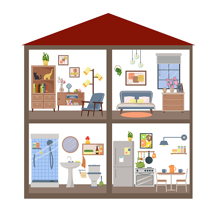 Concept of rooms with furniture. Cross-section of a doll's house in four sections. A lounge room with an armchair, a wardrobe and a nightstand. A bedroom with a window. Kitchen and bathroom with shower. Flat style. Vector.