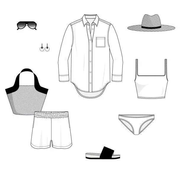 Vector illustration of Women fashion summer set in black and white with white blouse and shorts