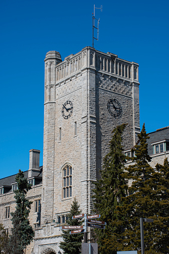 Guelph, ON, Canada - March 24, 2024 - Johnston Hall's stone tower is one of the University of Guelph's best-known landmarks. A traditional style co-ed residence, Johnston is home to 315 students who live primarily in double and triple rooms.