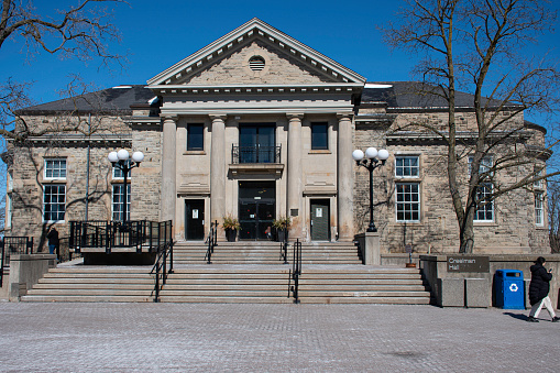 Guelph, ON, Canada - March 24, 2024 - Built in 1914, Creelman Hall is located on Trent Lane in the heart of the University of Guelph campus. It serves as the main dining hall for the University of Guelph campus as well as a multipurpose rental venue.