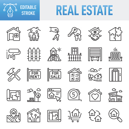 Real Estate Line Icons. Set of vector creativity icons. 64x64 Pixel Perfect. For Mobile and Web. The set contains icons: Idea generation preparation inspiration influence originality, concentration challenge launch. Contains such icons as Real Estate, House, House Key, Key, House Rental, Home Interior, Home Ownership, Domestic Life, Residential Building, Construction Industry, Building - Activity, Real Estate Agent, Mortgage Loan