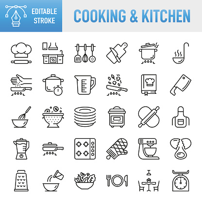 Cooking & Kitchen  Line Icons. Set of vector creativity icons. 64x64 Pixel Perfect. For Mobile and Web. The set contains icons: Idea generation preparation inspiration influence originality, concentration challenge launch. Contains such icons as Cooking, Kitchen, Food, Cooking Pan, Frying Pan, Baking, Multicooker, Kitchen Knife, Chef, Hat, Bowl, Domestic Kitchen, Mixing Bowl, Cookbook, Colander, Recipe, Cooking Utensil, Ingredient, Cutting, Spoon, Preparation, Preparing Food