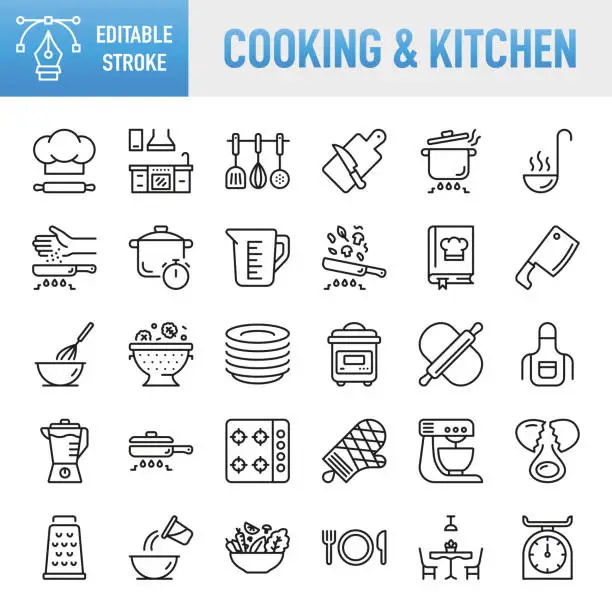 Vector illustration of Cooking & Kitchen - Thin line vector icon set. Pixel perfect. Editable stroke. For Mobile and Web. The set contains icons: Cooking, Kitchen, Food, Cooking Pan, Frying Pan, Baking, Multicooker, Kitchen Knife, Chef, Hat, Bowl, Domestic Kitchen