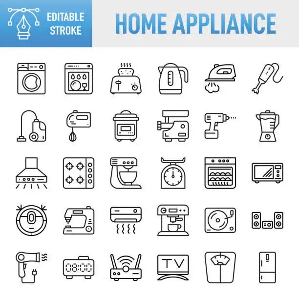 Vector illustration of Home Apliance - Thin line vector icon set. Pixel perfect. Editable stroke. For Mobile and Web. The set contains icons: Appliance, Kitchen, Refrigerator, Microwave, Washing Machine, Dishwasher, Oven, Toaster - Appliance, Vacuum Cleaner, Kettle, Coffee Make