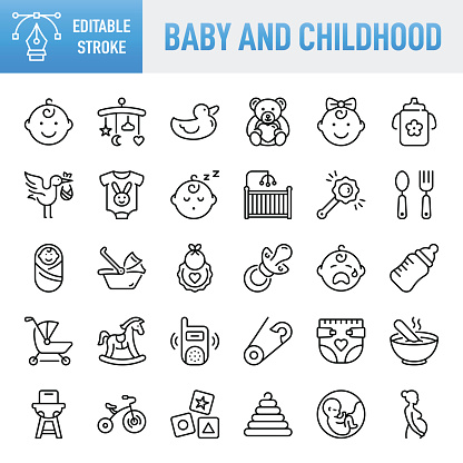 Baby and Childhood Line Icons. Set of vector creativity icons. 64x64 Pixel Perfect. For Mobile and Web. The set contains icons: Idea generation preparation inspiration influence originality, concentration challenge launch. Contains such icons as Baby - Human Age, Baby Girls, Teddy Bear, Diaper, Child, Sleeping, Child, Child Care, Care, Pacifier, Childbirth, New Life, Diaper, Pregnant, Newborn, Baby Bottle, Childhood, Baby Food, Food, Toy