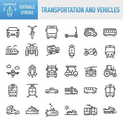 Transportation and Vehicles Line Icons. Set of vector creativity icons. 64x64 Pixel Perfect. For Mobile and Web. The set contains icons: Idea generation preparation inspiration influence originality, concentration challenge launch. Contains such icons as Transportation, Mode of Transport, Bus, Car, Train - Vehicle, Airplane, Public Transportation, Motorcycle, Cable Car, Bicycle, Rail Transportation, Ship, Taxi, Subway, Subway Train, Motor Scooter, Truck