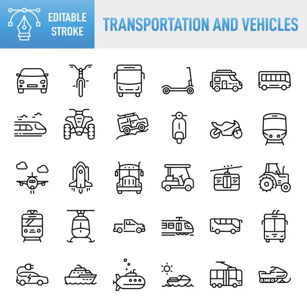 Vector illustration of Transportation and Vehicles - Thin line vector icon set. Pixel perfect. Editable stroke. For Mobile and Web. The set contains icons: Transportation, Mode of Transport, Bus, Car, Train - Vehicle, Airplane, Public Transportation, Motorcycle, Cable Car