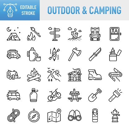 Outdoor and Camping Line Icons. Set of vector creativity icons. 64x64 Pixel Perfect. For Mobile and Web. The set contains icons: Idea generation preparation inspiration influence originality, concentration challenge launch. Contains such icons as Hiking, Camping, Outdoors, Adventure, Summer Camp, Adventure, Mountain, Campfire, Climbing, Mountain Climbing, Hiking Boot, Tent, Backpack, Kayak, Canoe, Rope, Navigational Compass, Flashlight