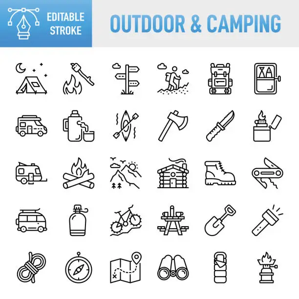 Vector illustration of Outdoor and Camping - Thin line vector icon set. Pixel perfect. Editable stroke. For Mobile and Web. The set contains icons: Hiking, Camping, Outdoors, Adventure, Summer Camp, Adventure, Mountain, Campfire,Climbing, Mountain Climbing, Hiking Boot