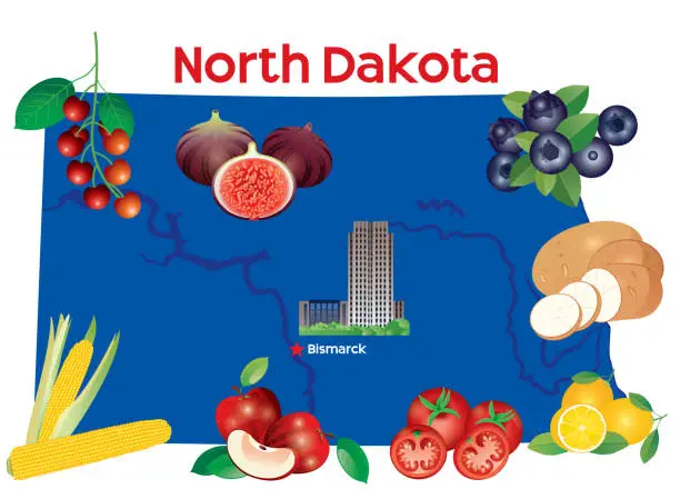 Vector illustration of North Dakota map  and Fruits