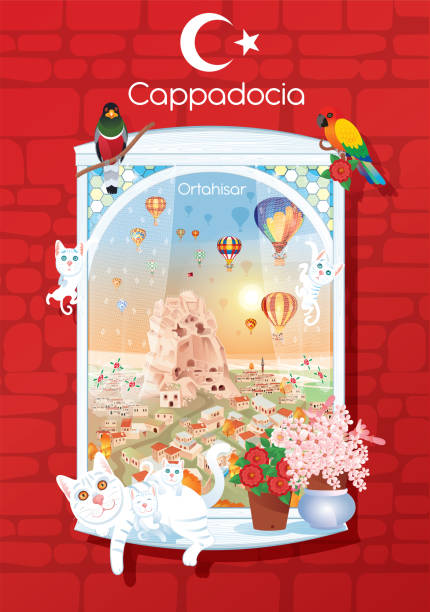Ortahisar Fortress in Cappadocia Vector Ortahisar Fortress in Cappadocia cappadocia balloon stock illustrations