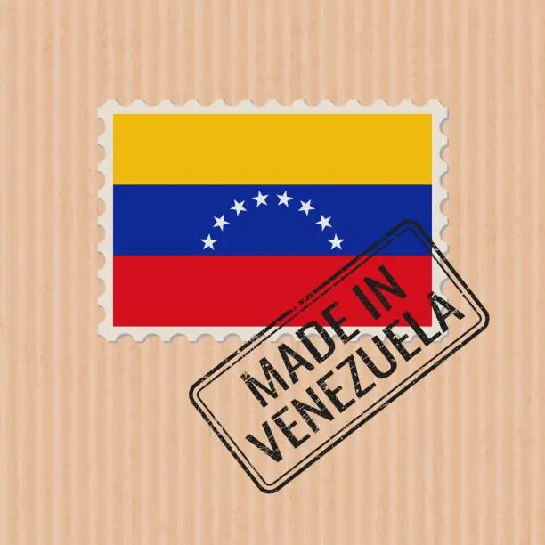 Vector illustration of Made in Venezuela badge vector. Sticker with Venezuelan national flag. Ink stamp isolated on paper background.