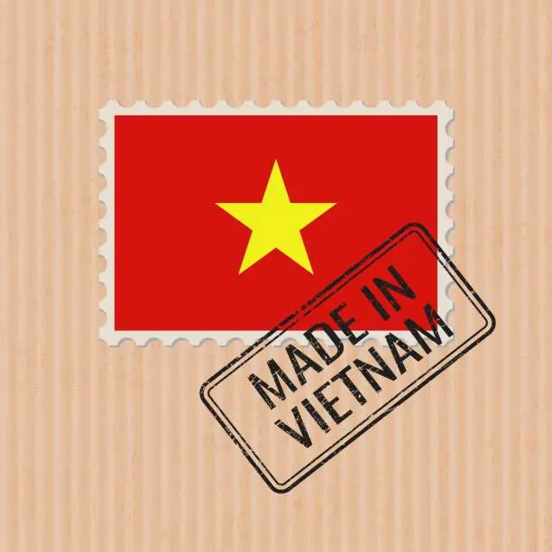 Vector illustration of Made in Vietnam badge vector. Sticker with Vietnamese national flag. Ink stamp isolated on paper background.