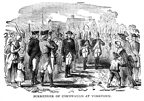 British General Charles Cornwallis surrenders his army to General George Washington  in Yorktown, Virginia during the American Revolutionary War. Illustration published 1895. Copyright expired; artwork is in Public Domain.