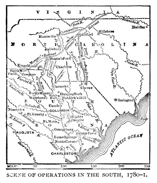 illustrazioni stock, clip art, cartoni animati e icone di tendenza di mappa della carolina del nord e del sud 1780-1781, rivoluzione americana, stati uniti, storia americana del xviii secolo - blue ridge mountains mountain mountain range appalachian mountains