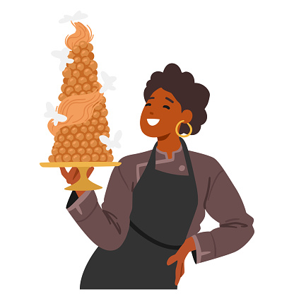 Skilled Female Confectioner Character Beams Proudly, Holding A Tray Adorned With Exquisite Chocolate Truffles, Their Glossy Surfaces Artfully Dusted With Gold Leaf. Cartoon People Vector Illustration