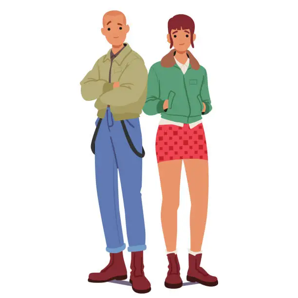 Vector illustration of Skinhead Subculture Couple Embrace Distinctive Style, Featuring Shaved Heads Or Short Hair, Boots And Jeans