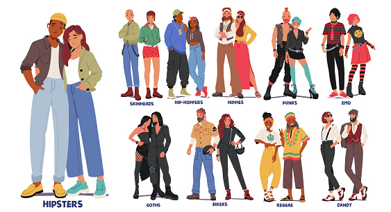 Set Of Different Subculture Couples. Hipster, Punk, Hippie, Goth and Emo, Dandy, Skinhead, Biker, Reggae Rastaman with Hip Hopper Male and Female Characters. Cartoon People Vector Illustration