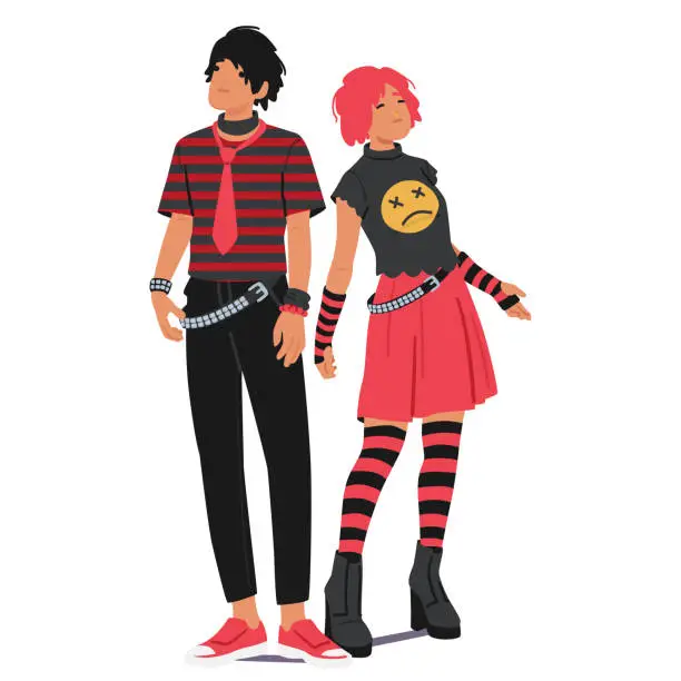 Vector illustration of Emo Subculture Couple Shares A Deep Bond Over Music And Fashion, Embracing Tight Jeans, Band Tees, Expressive Hairstyles