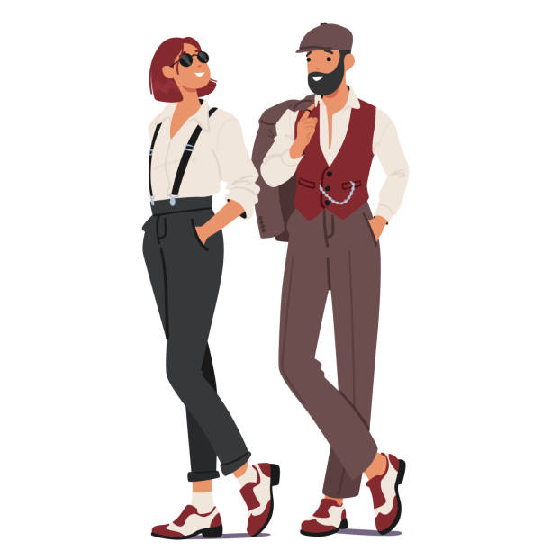 para subkultury dandysów uosabia elegancję i ekstrawagancję. ich moda obejmuje szyte na miarę garnitury, ekstrawaganckie dodatki - retro revival couple men elegance stock illustrations