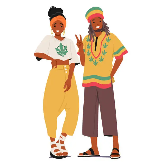 Vector illustration of Reggae Rasta Subculture Couple Embodies Vibrant Dreadlocks, Adorned In Green, Yellow, And Red, Radiating Peace, Love