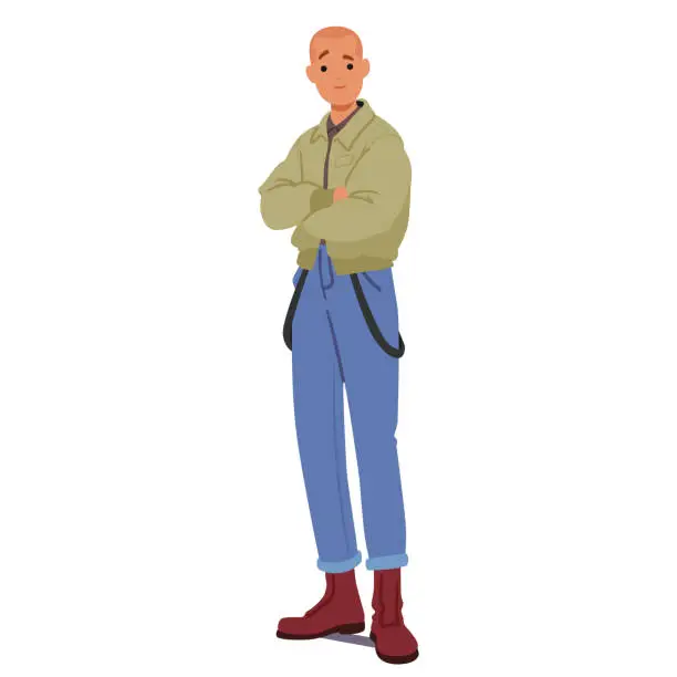 Vector illustration of Skinhead Male Character Stands Full Height With A Distinctive Look, Shaved Head, Boots, Jeans, Crossed Arms, Vector