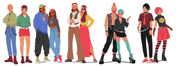 Vector illustration of Different Subculture Couples. Punks, Emo, Skinheads, Hip Hoppers, Hippies, Modern Community Characters