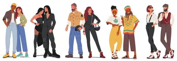 Vector illustration of Different Subculture Couples. Hipster, Goth And Dandy, Biker With Rastaman Reggae Male And Female Characters Community