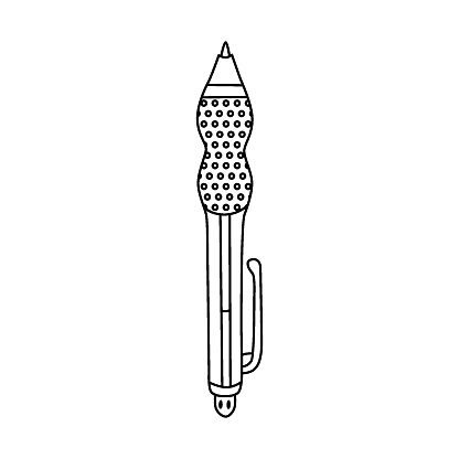 Cute doodle ballpoint pen with visible refill and rubberized holder. Ball ink pen for drawing and writing. Back to school supply and stationery for study, work. Vector clipart with hand drawn outline