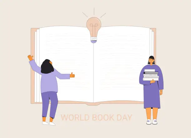 Vector illustration of World book and copyright day banner template. Two young woman swap their books. Reading lover. Learning and education holiday. Vector flat illustration