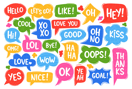 Dialog Speech Bubbles Vector Set. Hello, Lets Go, Like, Ho and Hey. Cool, Hi, Xo Xo and Love You. Good, Oh No, Kiss and Omg with Lol and Bye. Ha Ha, Oops, Thanks and Yes. Nice, Ok, Yeah and Goal