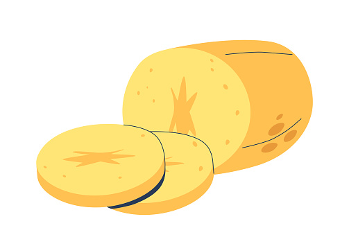 Sliced Raw Potato Rings Are Thin, Circular Cuts Of Uncooked Potato, Offering A Crisp Texture And Earthy Flavor, Ideal For Frying, Baking, Or Decorative Garnishes. Cartoon Vector Illustration