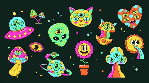 Vector illustration of Psychedelic Stickers Pack. Ufo, Alien Head, Cat And Heart. Hallucinogenic Mushroom, Planet With Snake, Eye, Daisy Flower