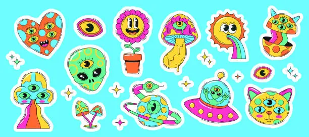 Vector illustration of Psychedelic Stickers Collection . Ufo, Alien Head, Cat And Heart. Hallucinogenic Mushroom, Planet With Snake, Flower