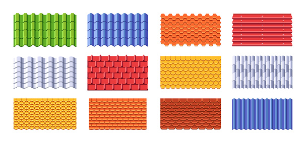 Roofing Tiles Collection. Clay, Concrete, Metal Or Slate Materials Provide Durable, Weather-resistant Protection For Home Roofs, Offering Aesthetic Variety To Match Architectural Styles. Vector Set