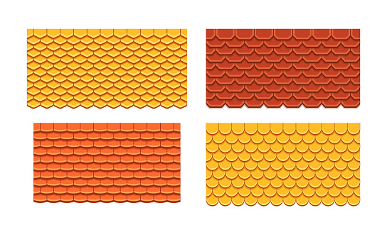 Roofing Tiles Are Durable, Weather-resistant Materials Used Atop Buildings To Protect Against The Elements. Clay, Terracotta or Slate Roof Tiling of Red, Orange and Yellow. Cartoon Vector Illustration