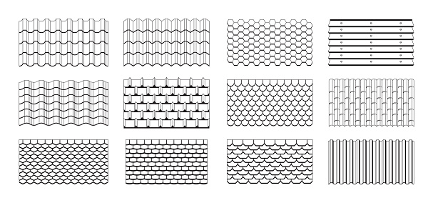 Roofing Tiles Outline Black and White Vector Set. Clay, Concrete, Metal Or Slate Materials Provide Durable, Weather-resistant Protection For Roofs, Offering Aesthetic Variety To Architectural Styles