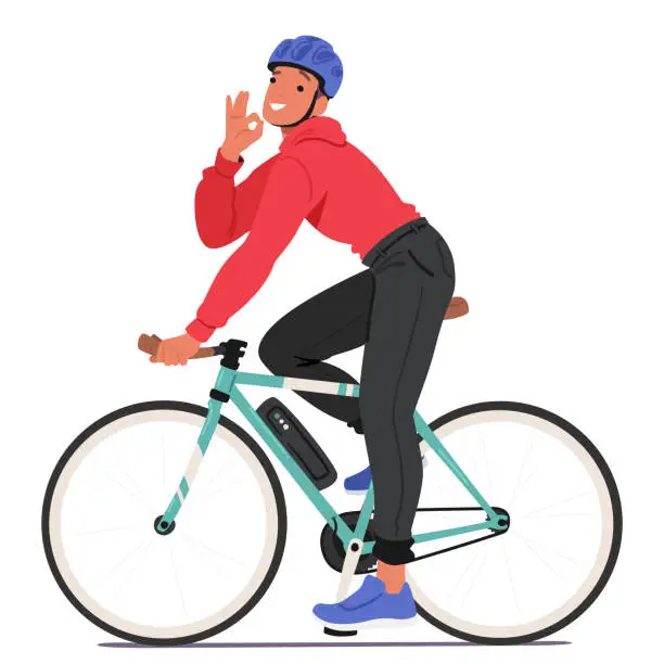 Vector illustration of Man Character Effortlessly Glides Through The City Streets On Electric Bicycle, His Posture Relaxed, Enjoying The Ride