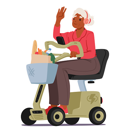 Senior Woman Confidently Navigates The City Streets In Her Compact, Eco-friendly Electric Vehicle, Modern Old Character Embracing Sustainable Travel With A Smile. Cartoon People Vector Illustration