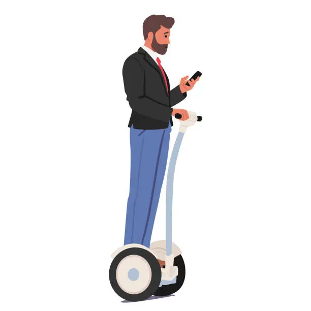 Vector illustration of Businessman Character, Clad In A Tailored Suit, Smoothly Glides On A Segway, Focused On His Smartphone, Vector