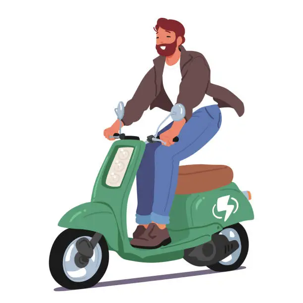 Vector illustration of Man Navigates City Streets On An Electric Moped, Zipping Through Traffic With Ease Embodying Eco-friendly Urban Mobility