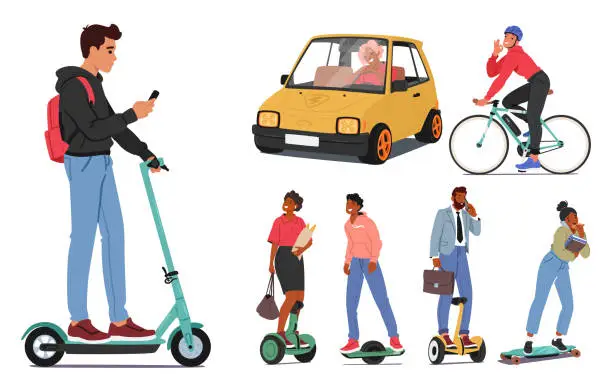 Vector illustration of Characters On Electric Transport Enjoy Swift, Silent Rides. Eco-friendly And Futuristic Commuters, Vector Illustration